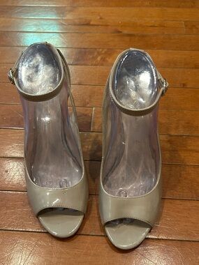 Franco Sarto Taupe Patent Peep Toe Ankle Strap Heels